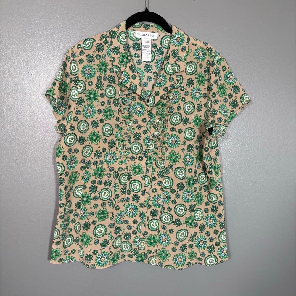 Sag Harbor Tan & Green Geometric Floral Button Up Top - 16 - Women's Plus Size